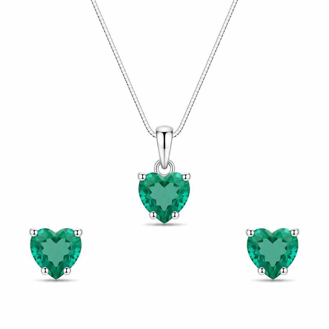 Conjunto Coração Esmeralda em Prata 925 com Zircônias 45cm