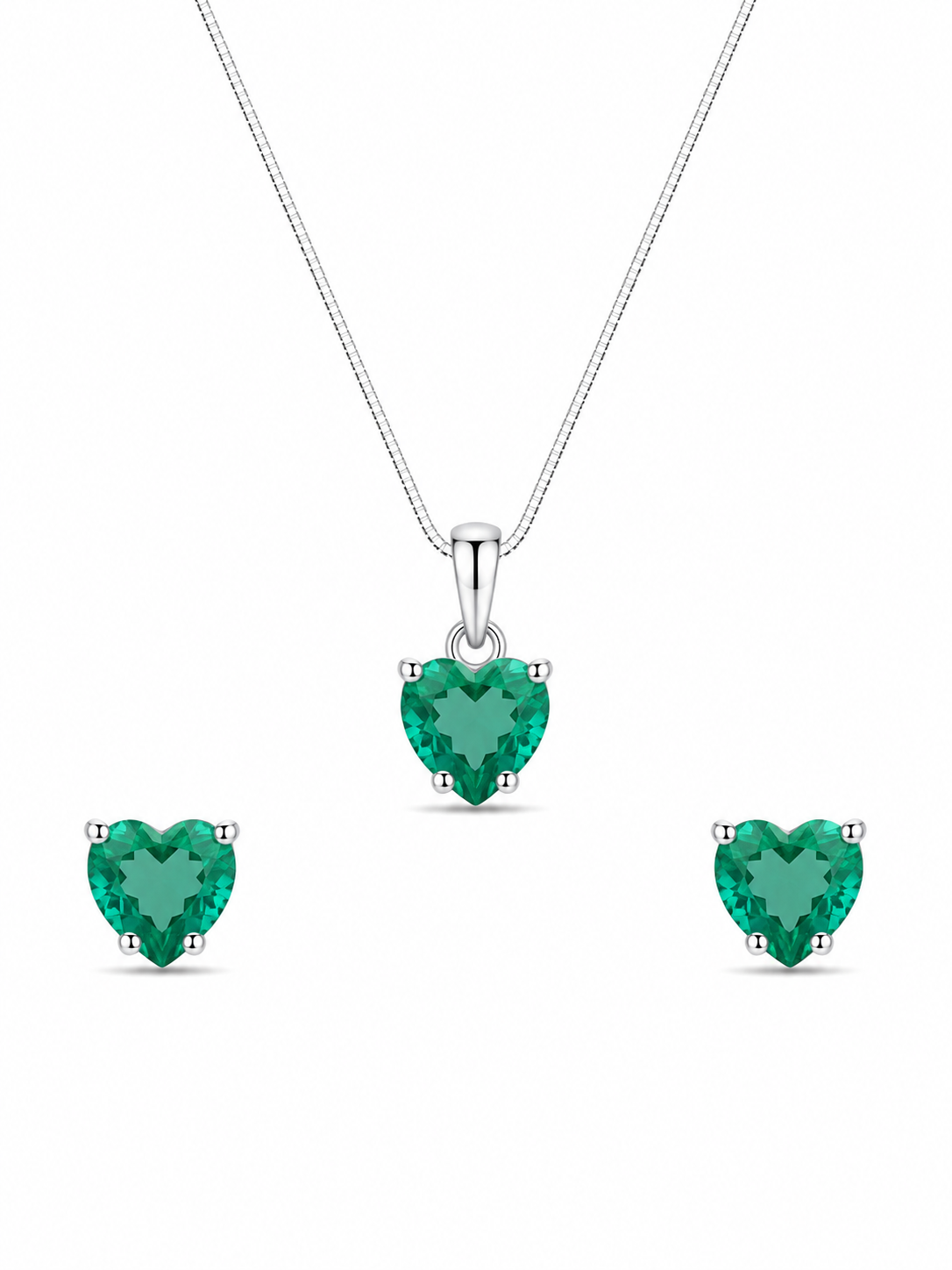 Conjunto Coração Esmeralda em Prata 925 com Zircônias 45cm