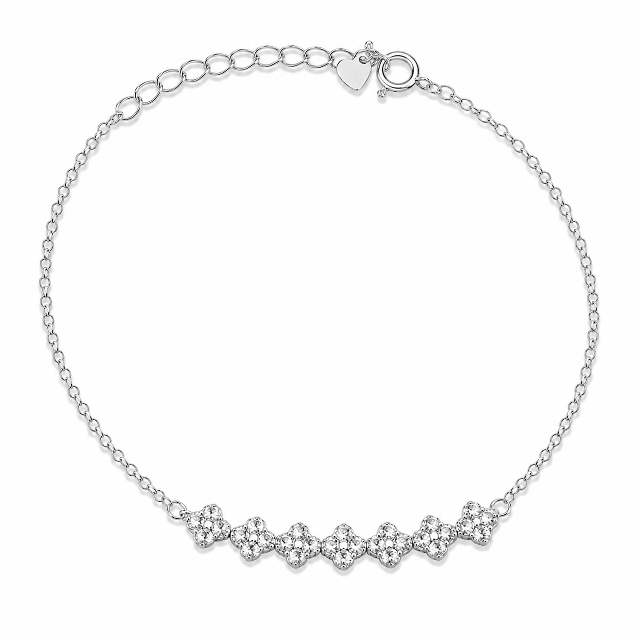 Pulseira Trevo Mini em Prata 925 com Zircônias Cristais 18cm