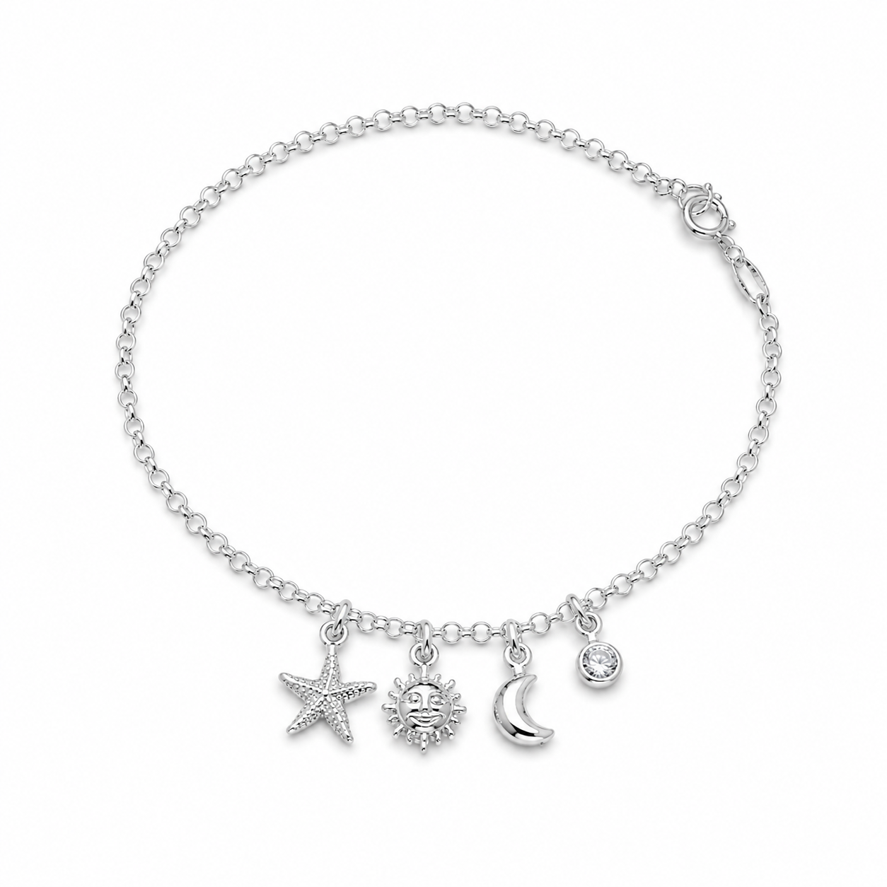 Pulseira Sol, Lua & Estrela em Prata 925 com Zircônias Cristais 18cm