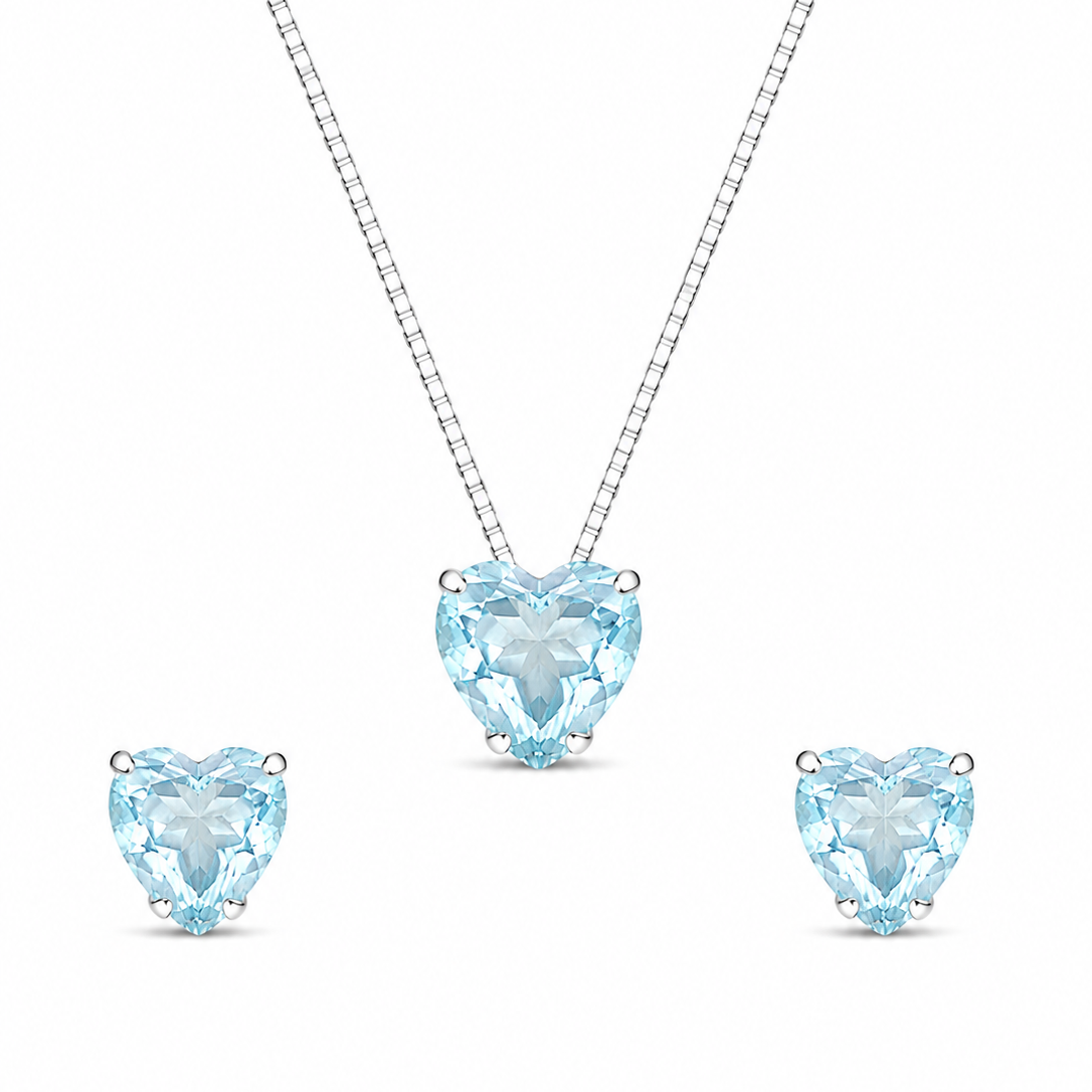 Conjunto Coração Aqua Marine em Prata 925 com Zircônias 45cm