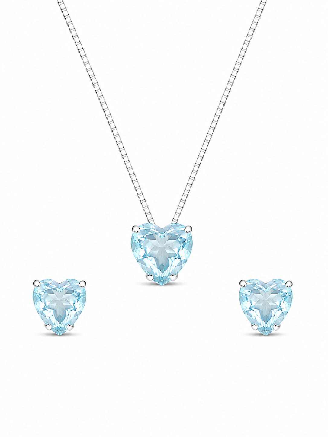 Conjunto Coração Aqua Marine em Prata 925 com Zircônias 45cm