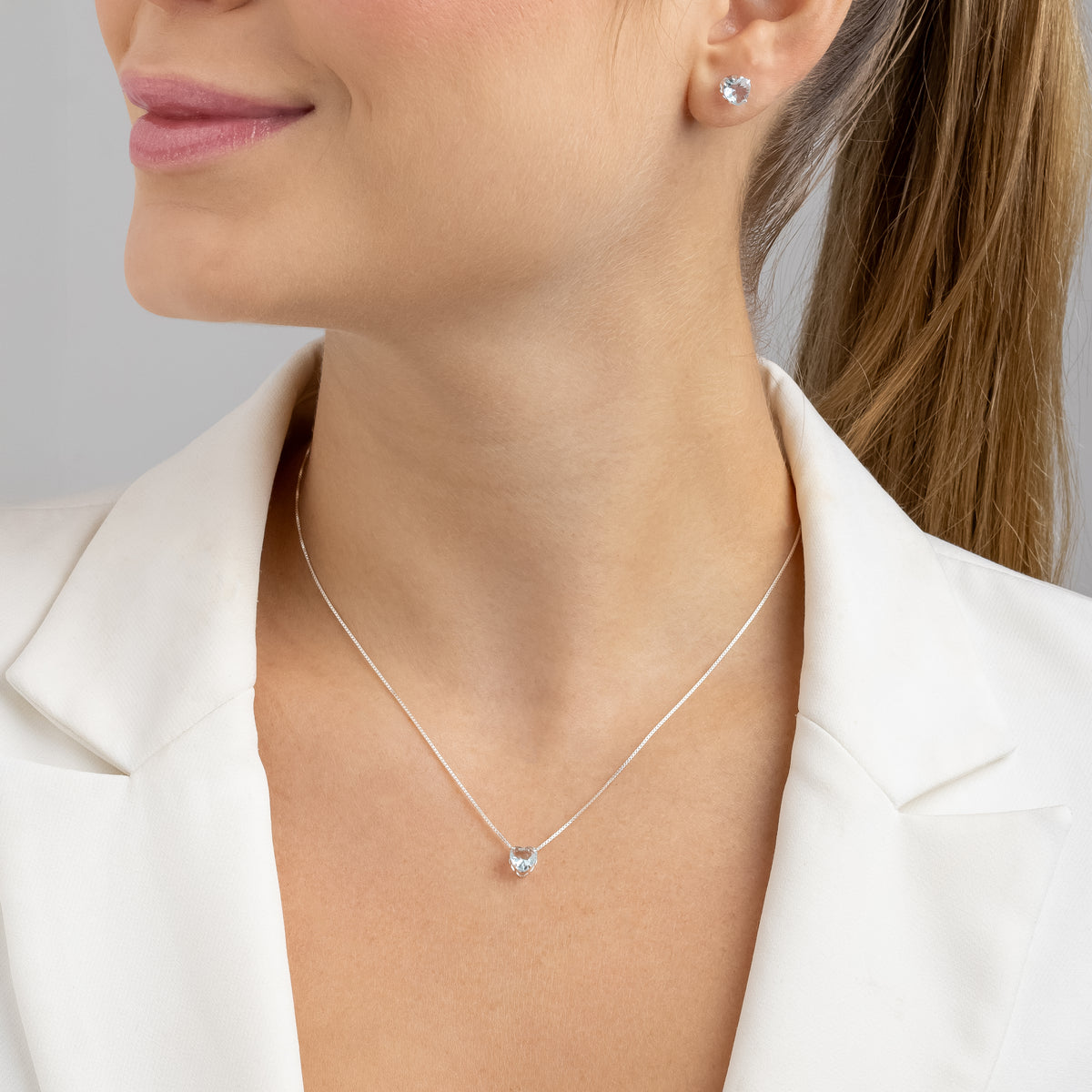 Conjunto Coração Aqua Marine em Prata 925 com Zircônias 45cm