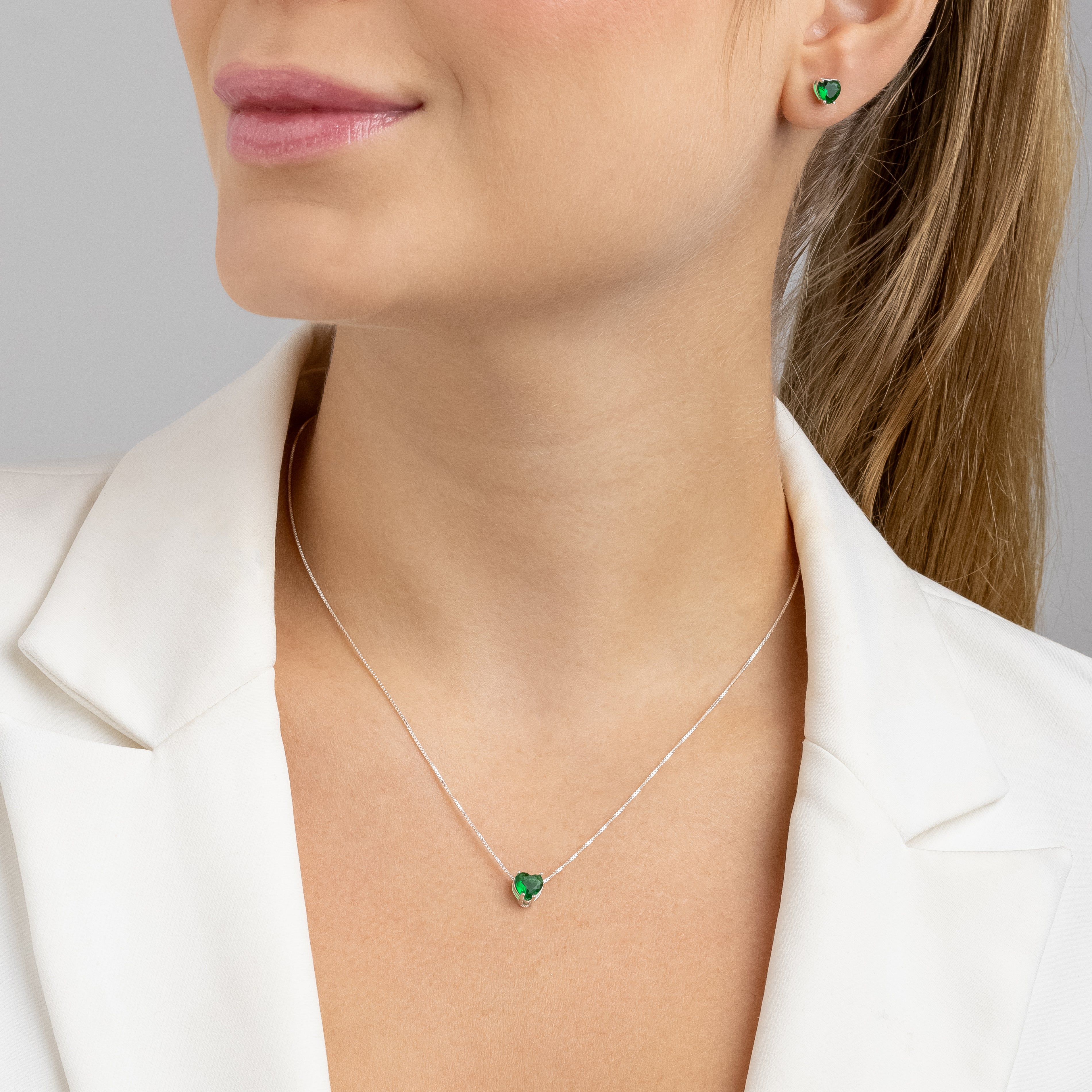 Conjunto Coração Esmeralda em Prata 925 com Zircônias 45cm