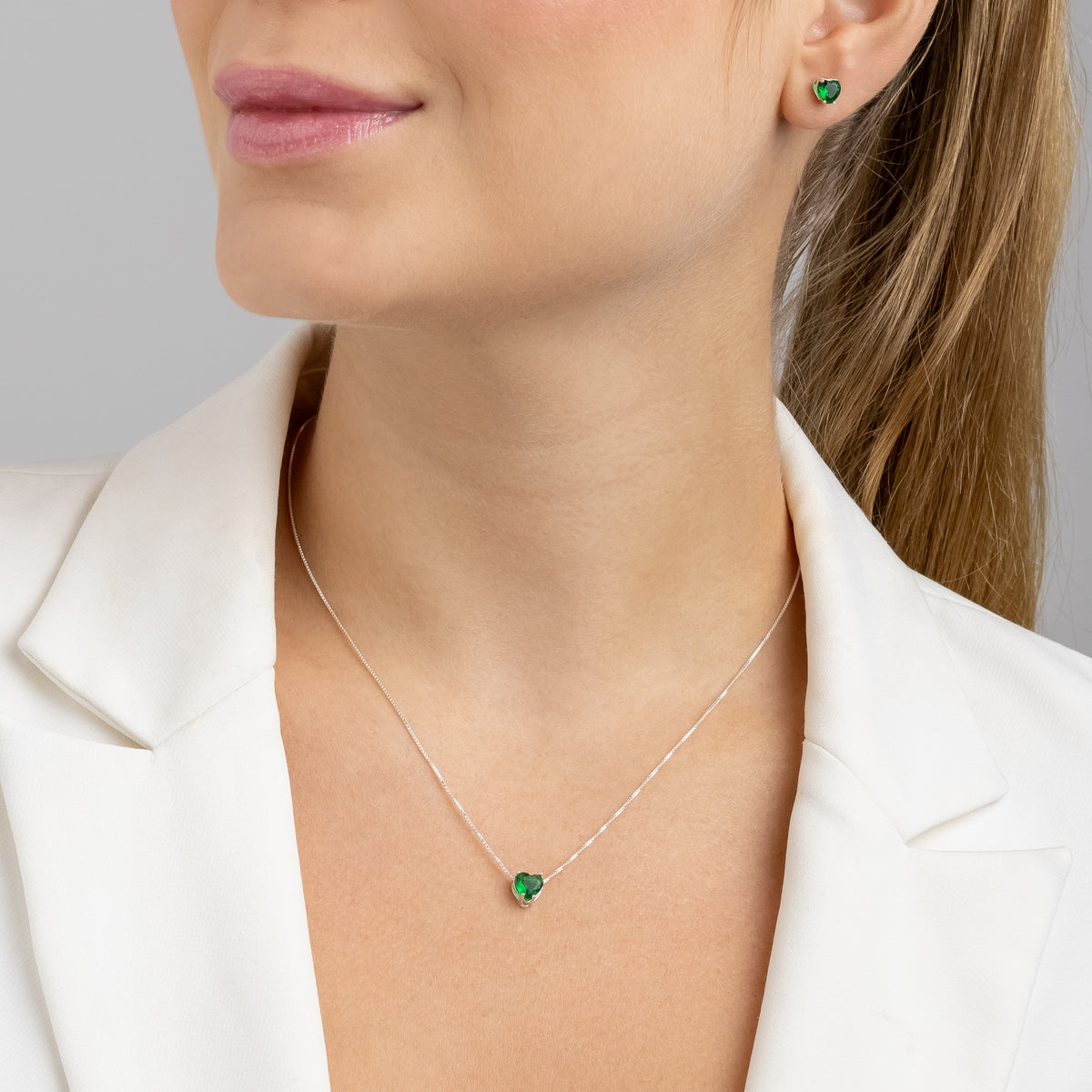 Conjunto Coração Esmeralda em Prata 925 com Zircônias 45cm