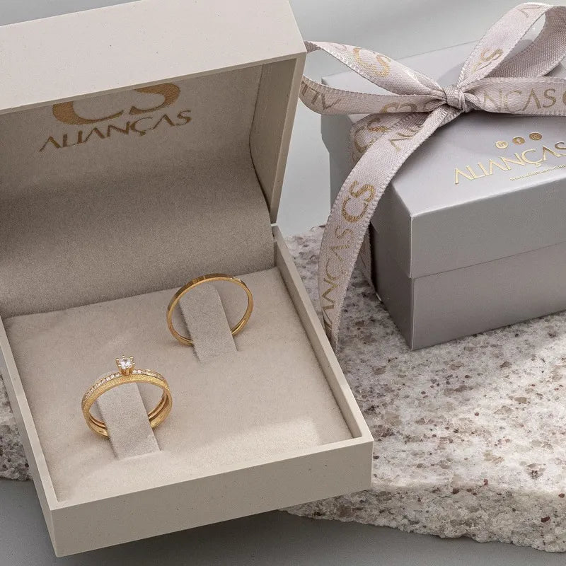 Alianças de Casamento Nobre Duo Ouro 10K 1.5mm + Anel Brinde