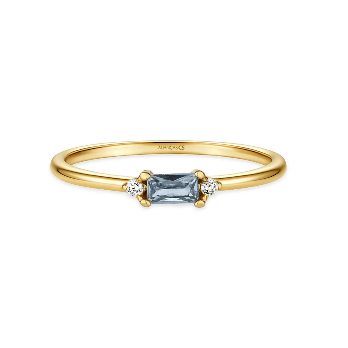 Anel Solitário Aqua Marine Banhado a Ouro com Água Marinha e Moissanites